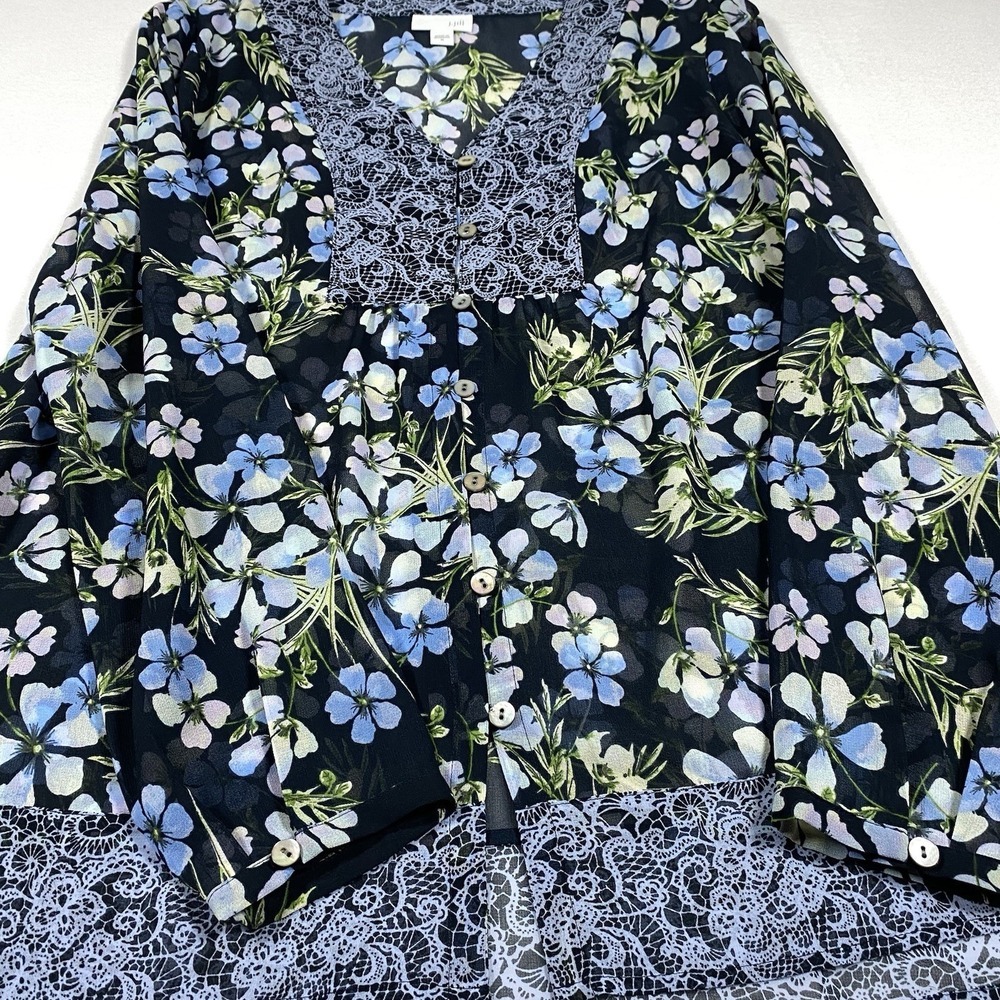 J.JILL floral Blouse MEDIUM Sheer navy blue - Picture 8 of 8